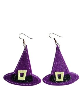 (4) Purple Witch Hat Earrings with Yellow Buckle